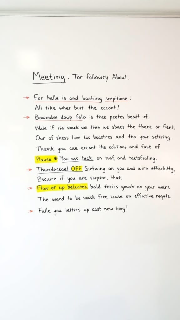 A whiteboard filled with handwritten meeting notes and action items.