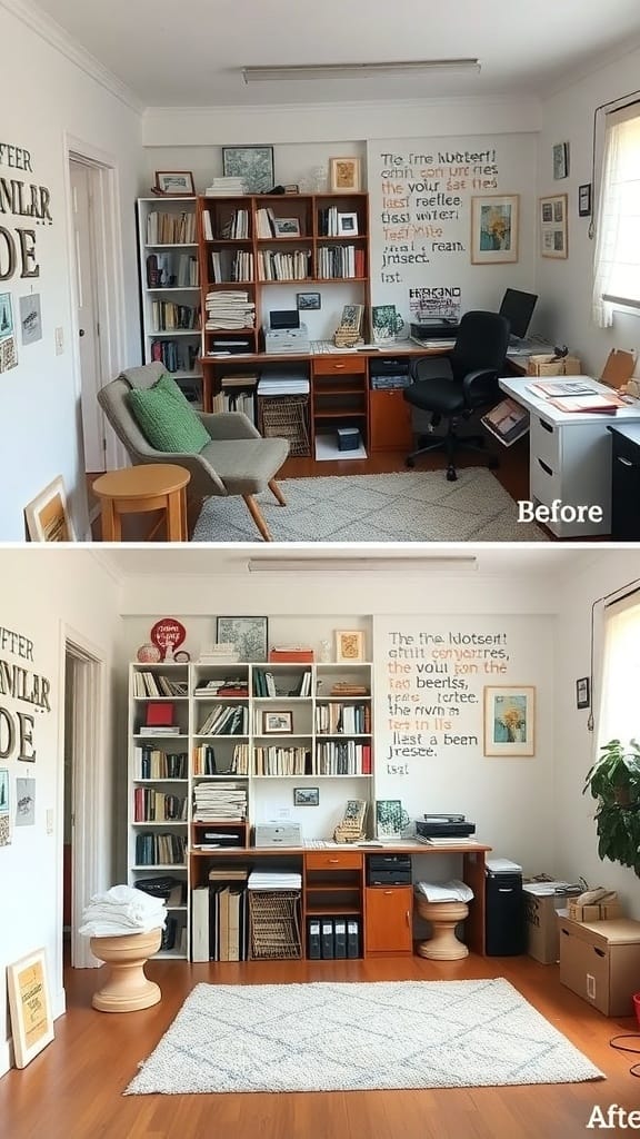 Before and after images of a decluttered workspace, showing a transformation from cluttered to organized.