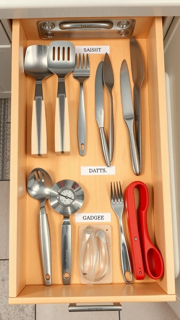 23 Brilliant Kitchen Drawer Organizing Ideas You Need to Try 2 A kitchen drawer organized with labeled utensils for easy identification.