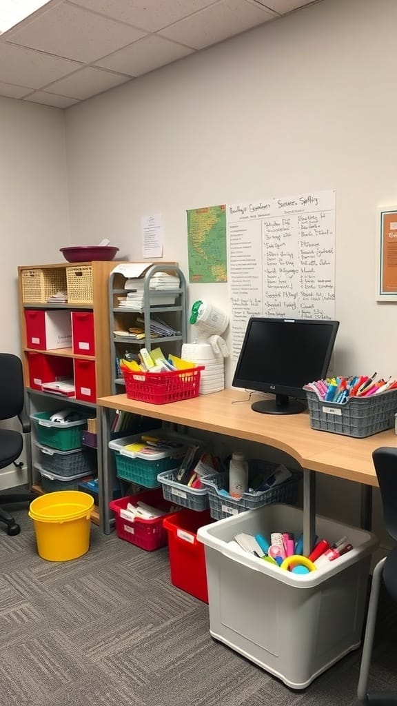An organized office supply station with various baskets and bins for team use.