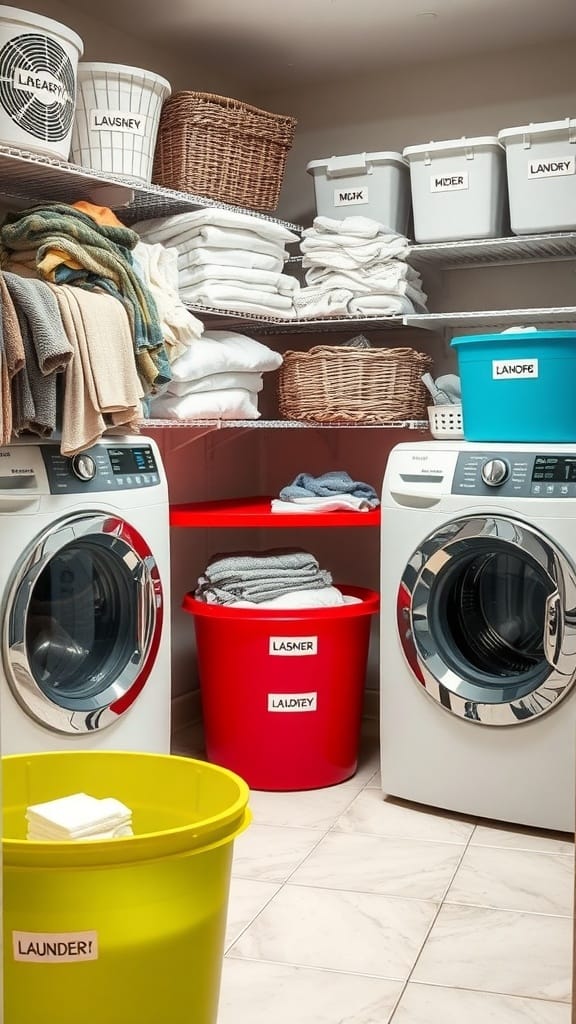 A well-organized laundry room with color-coded bins and neatly stacked towels.