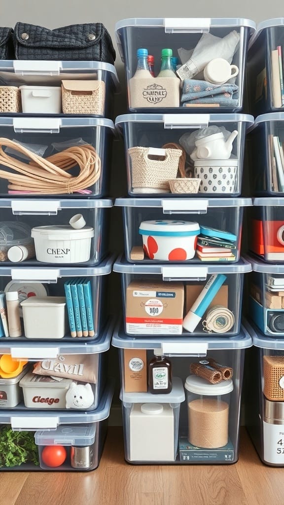 21 Genius Clutter Busting Hacks to Organize Your Home 4 A stack of clear storage bins filled with various organized items.