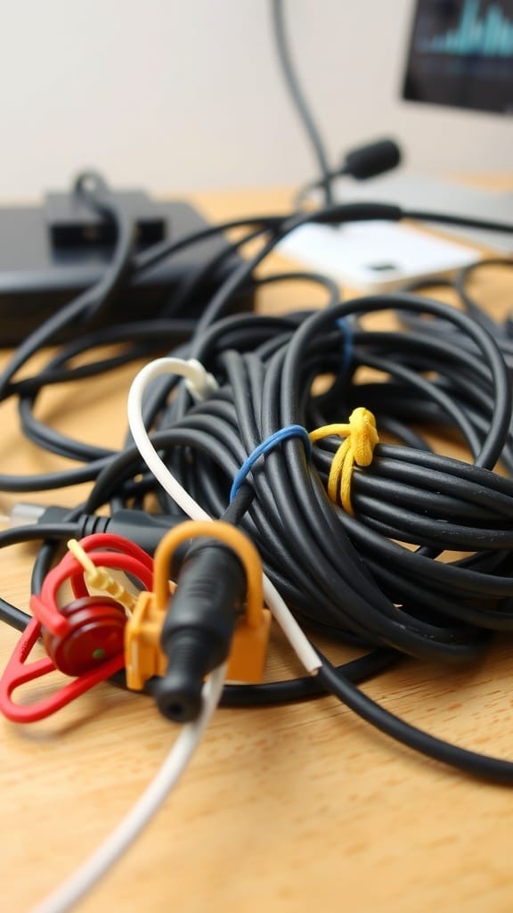19 Genius Cord and Cable Organization Hacks for a Clutter-Free Space 19 A close-up of tangled cables organized with colorful rubber bands.