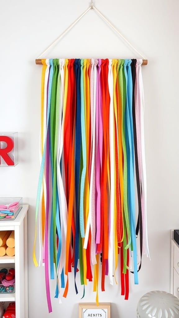 Practical Ribbon Organizing Ideas for a More Organized Craft Space (21 Tips) 13 Colorful hanging ribbon rack with various ribbons in a craft room