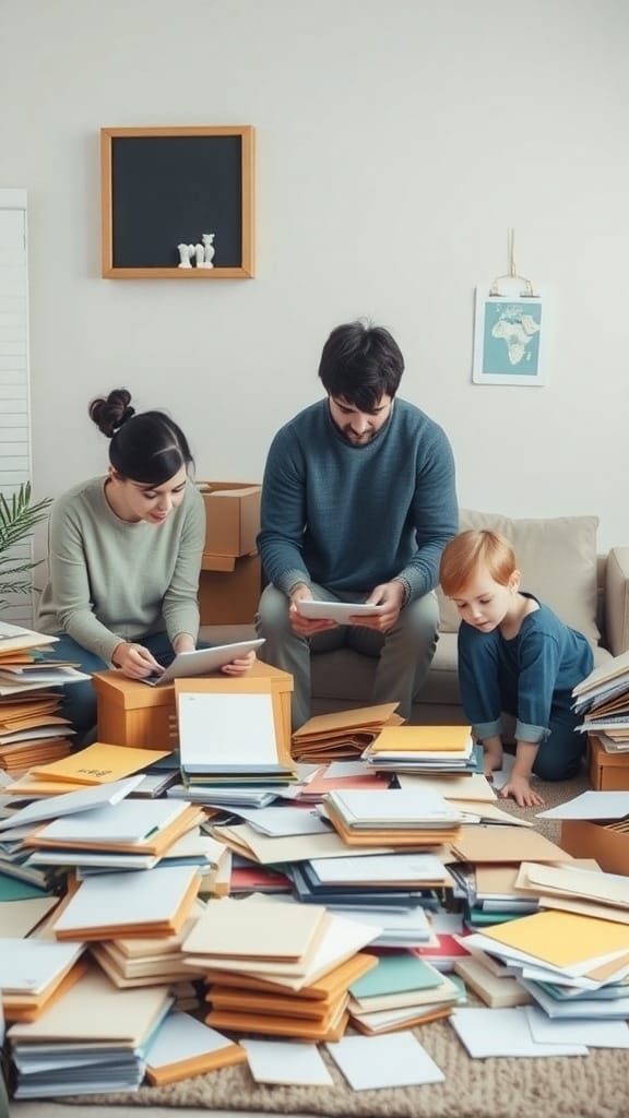 A family sitting on the floor surrounded by piles of papers and boxes, sorting through documents together.