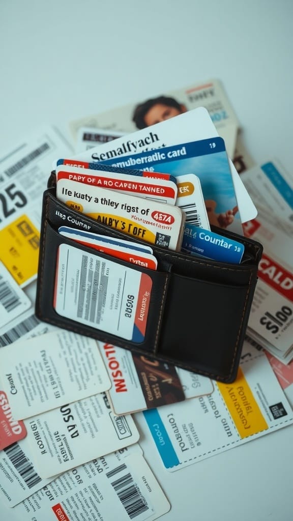 22 Things to Get Rid of for a Clutter-Free Home 21 A wallet filled with expired coupons and membership cards, surrounded by more cards on a table.