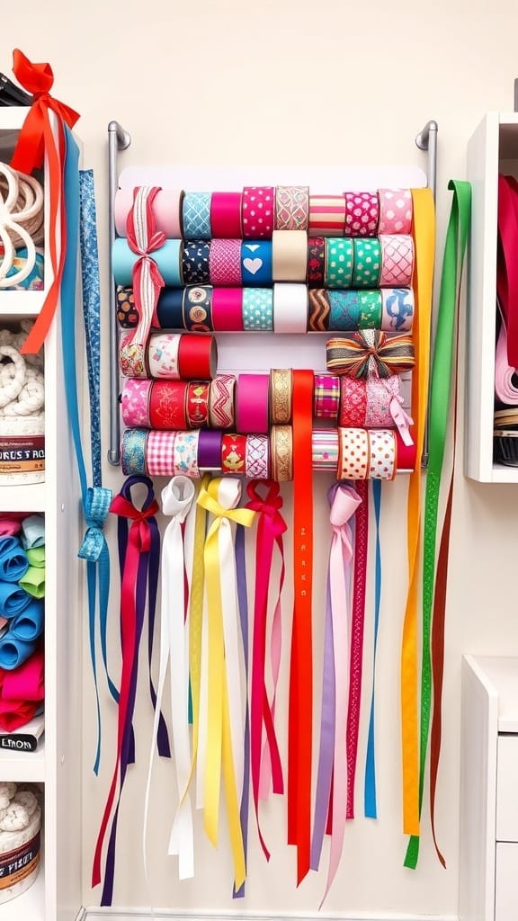 Practical Ribbon Organizing Ideas for a More Organized Craft Space (21 Tips) 8 A wall-mounted ribbon storage system displaying colorful rolls of ribbon and long hanging ribbons.