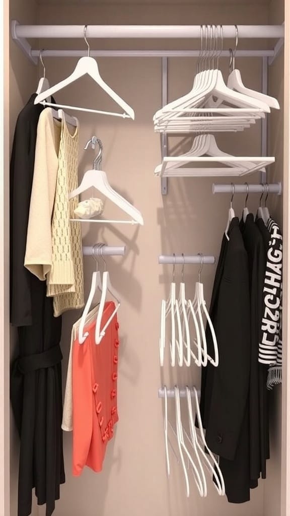 Organized closet with various hangers displaying different types of clothing.