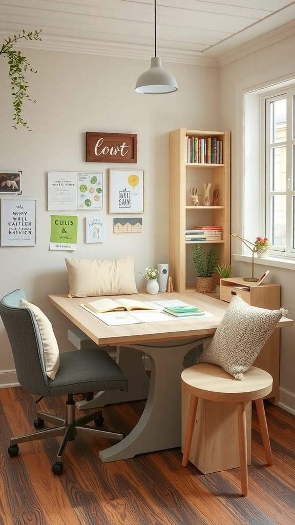 Cozy craft corner with a wooden table, comfortable chair, and storage shelf.