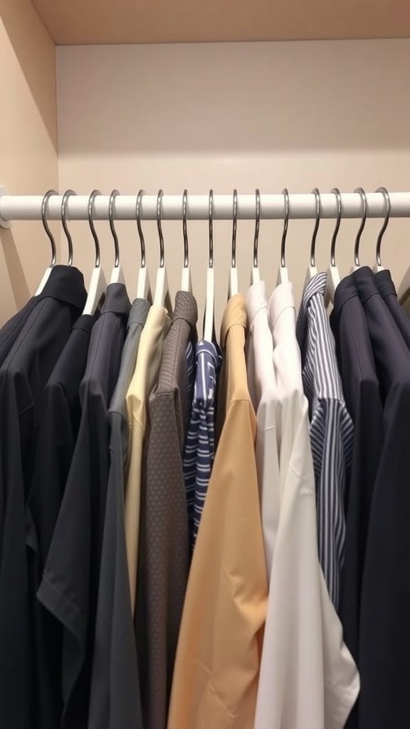 A row of neatly organized shirts hanging on slim hangers in a closet.