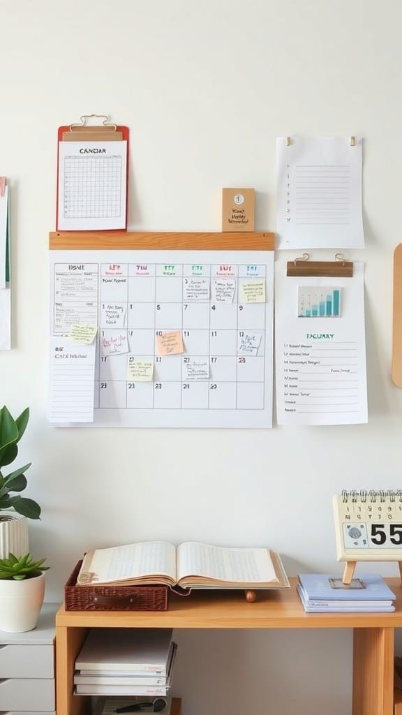 A home command center with a calendar, clipboards, a plant, and an open book on a desk.