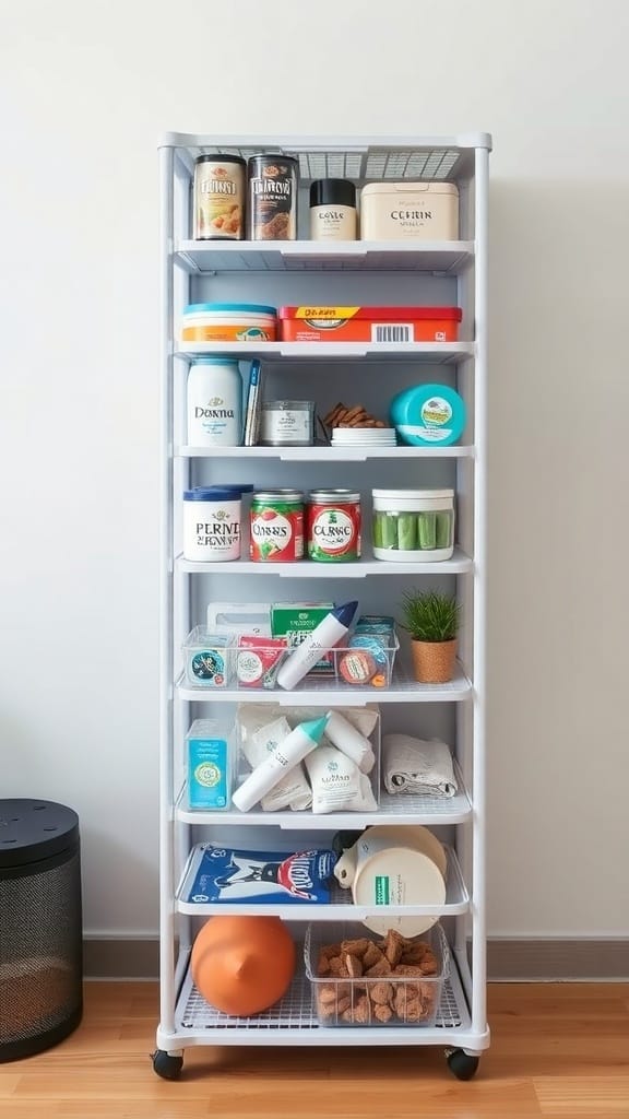 A tall caddy with multiple shelves, organized with various containers and items.