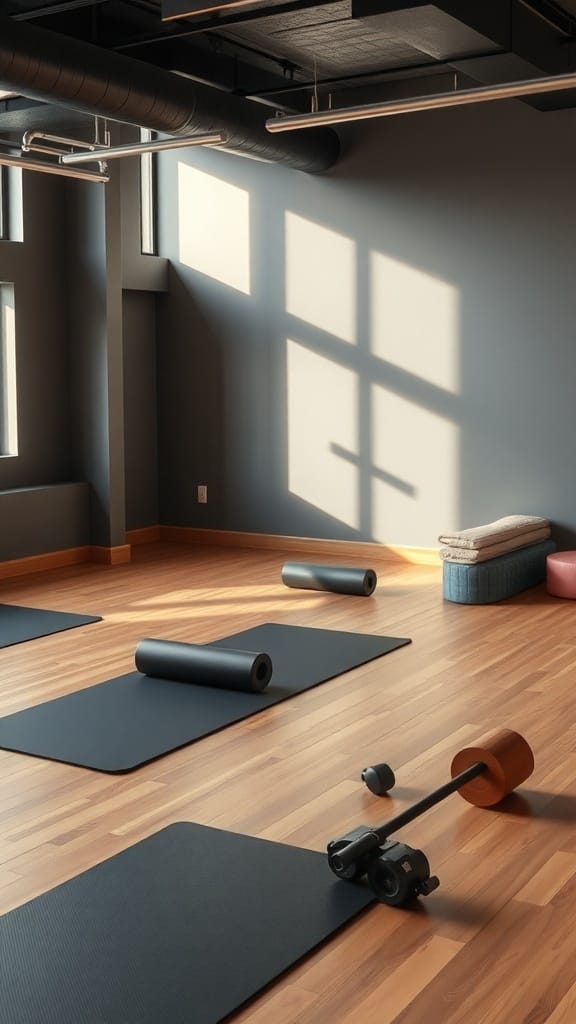 A clean gym room with yoga mats, weights, and foam rollers, showcasing a dedicated stretching area.