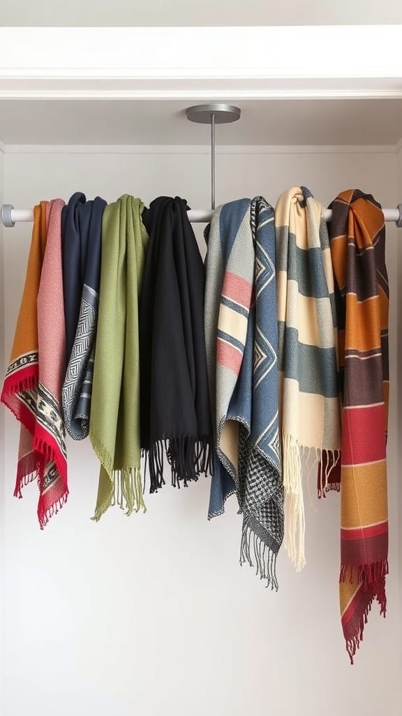 22 Genius Closet Organization Hacks You Need to Try 11 A tension rod holding various colorful scarves in a closet.