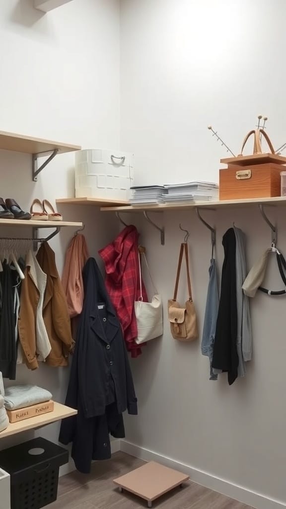 21 Genius Clutter Busting Hacks to Organize Your Home 3 A well-organized storage area with shelves and hooks for coats and bags.