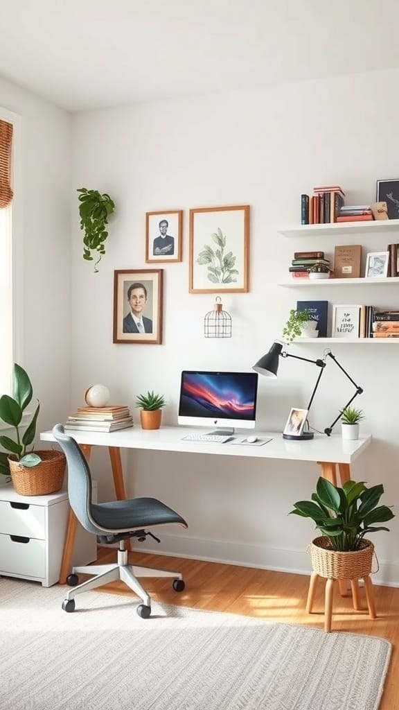 23 Clever and Affordable Organizing on a Budget Tips for a Tidy Home 12 A budget-friendly home office featuring a clean desk, comfortable chair, plants, and wall art.