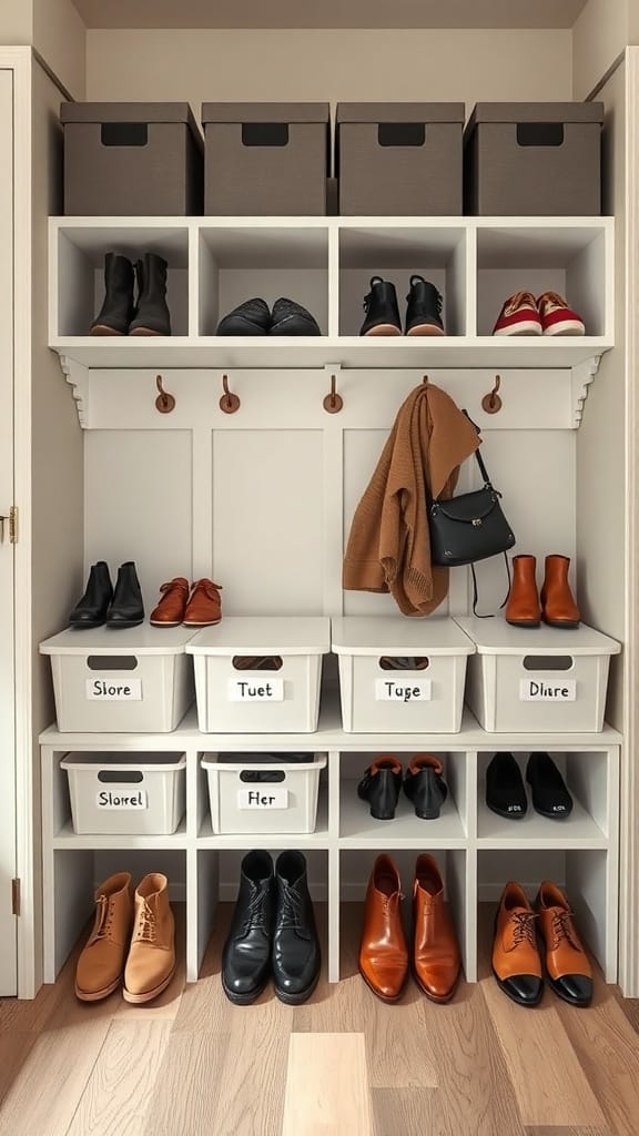 A well-organized mudroom shoe storage solution with open shelves, labeled bins, and hooks for bags.