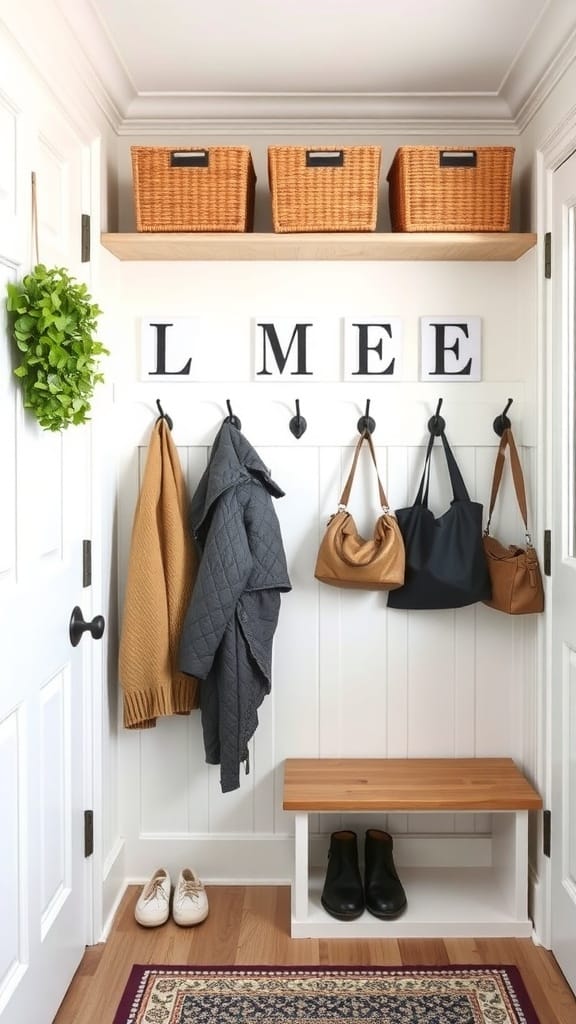 A well-organized mudroom featuring hooks for coats and bags, a bench, and baskets on a shelf.