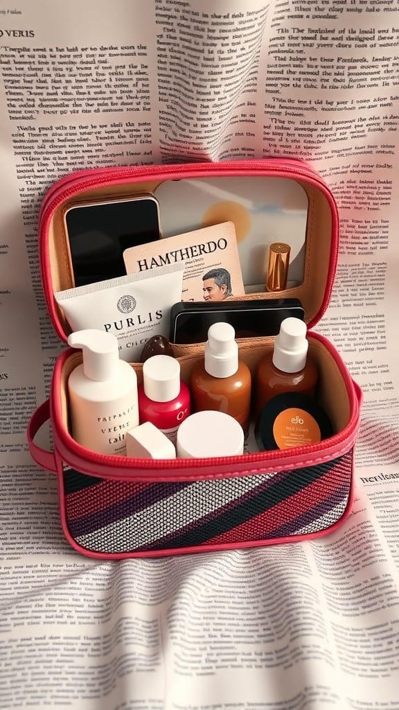 A stylish travel caddy filled with skincare and makeup products, placed on a background of newspaper.