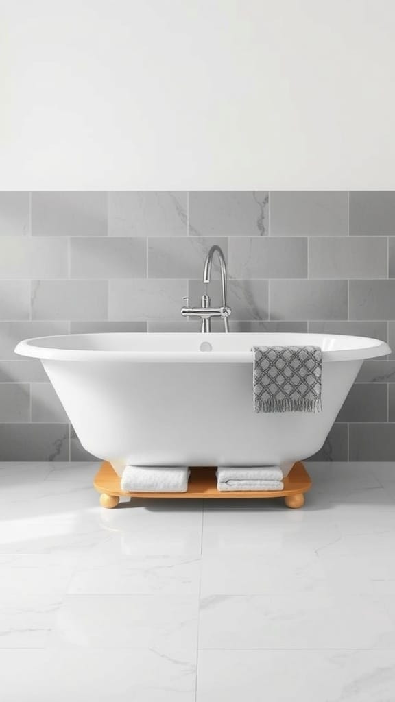 A freestanding bathtub with a wooden platform underneath holding neatly stacked towels.