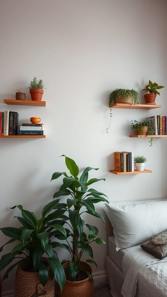 A cozy bedroom with wall-mounted shelves displaying plants and books.