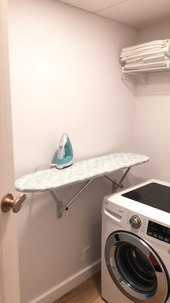 25 Creative Laundry Room Organizing Ideas to Maximize Space 28 A wall-mounted ironing board above a washing machine in a laundry room.
