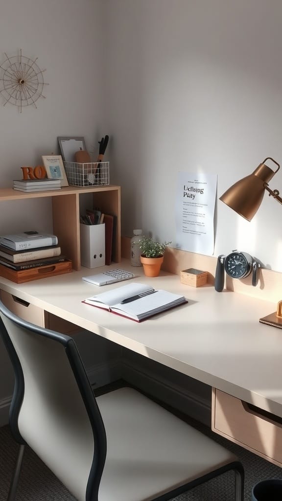 A tidy desk with a notebook, lamp, and storage boxes
