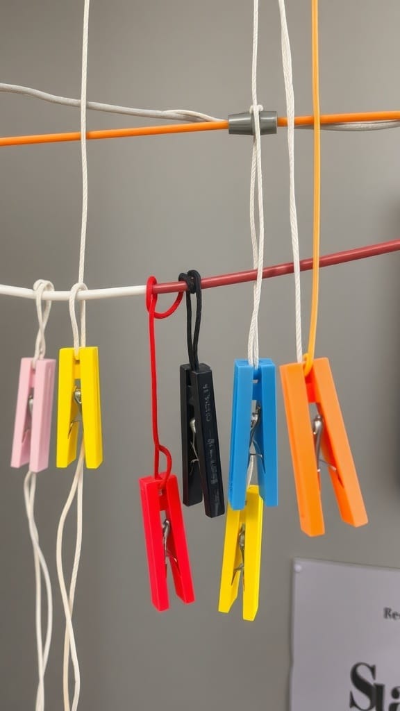 19 Genius Cord and Cable Organization Hacks for a Clutter-Free Space 14 Colorful clothespins holding various cables on a wire