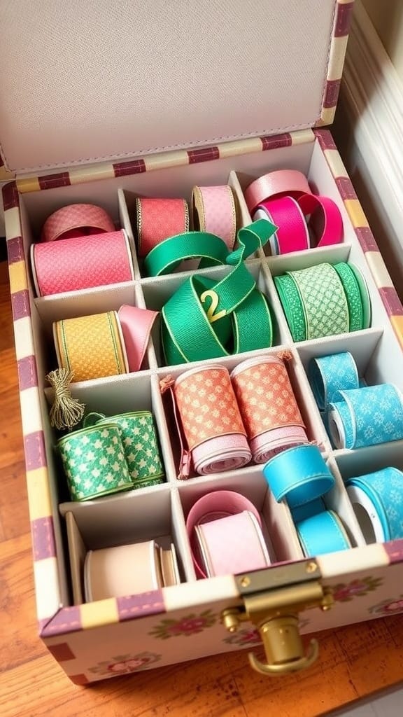 Practical Ribbon Organizing Ideas for a More Organized Craft Space (21 Tips) 17 A colorful ribbon storage box with dividers, showcasing various ribbons in neat compartments.