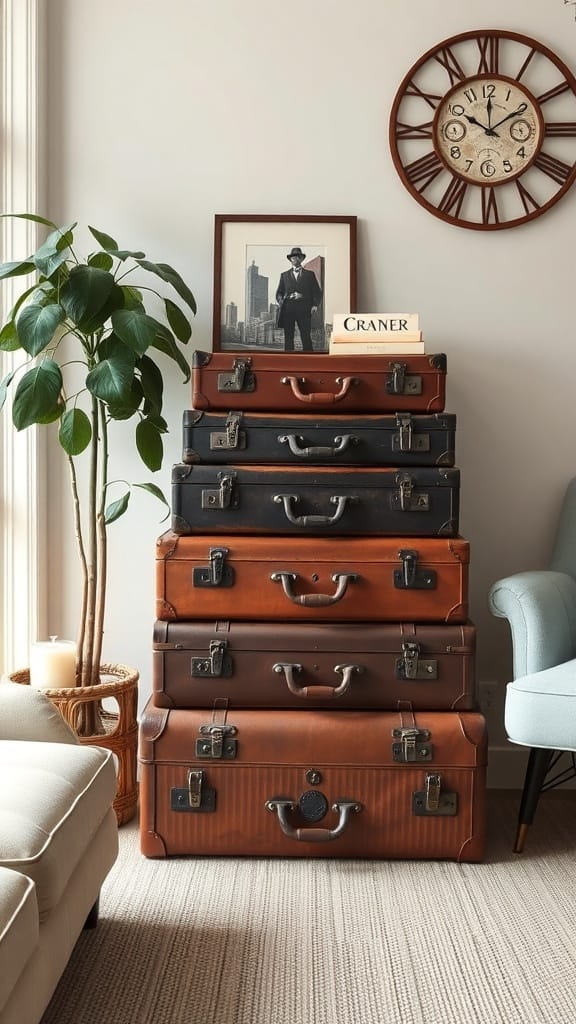 21 Clever Hidden Storage Ideas for a Clutter-Free Home 15 A stack of vintage suitcases in various colors, with a picture frame and a plant nearby.