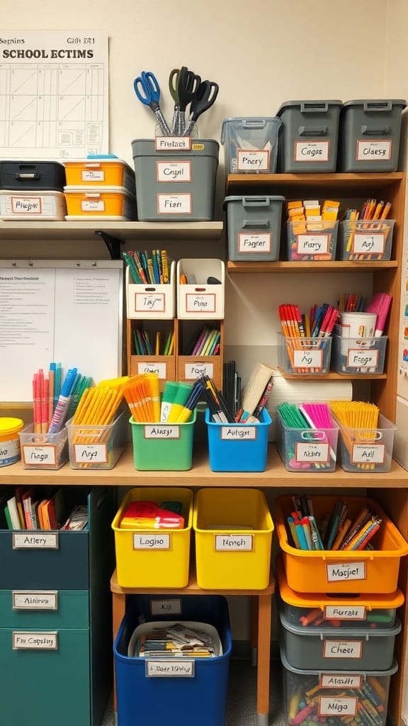 21 Creative Organization Ideas for Your School Office 12 An organized supply station with labeled bins containing various school supplies.