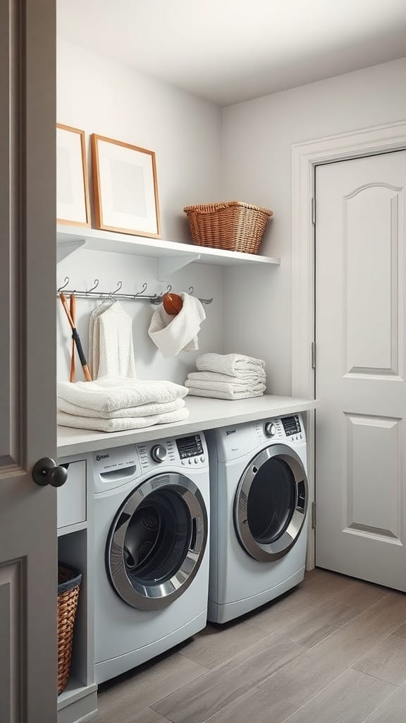 A small laundry room with a folding station and built-in storage, featuring neatly stacked towels and baskets.