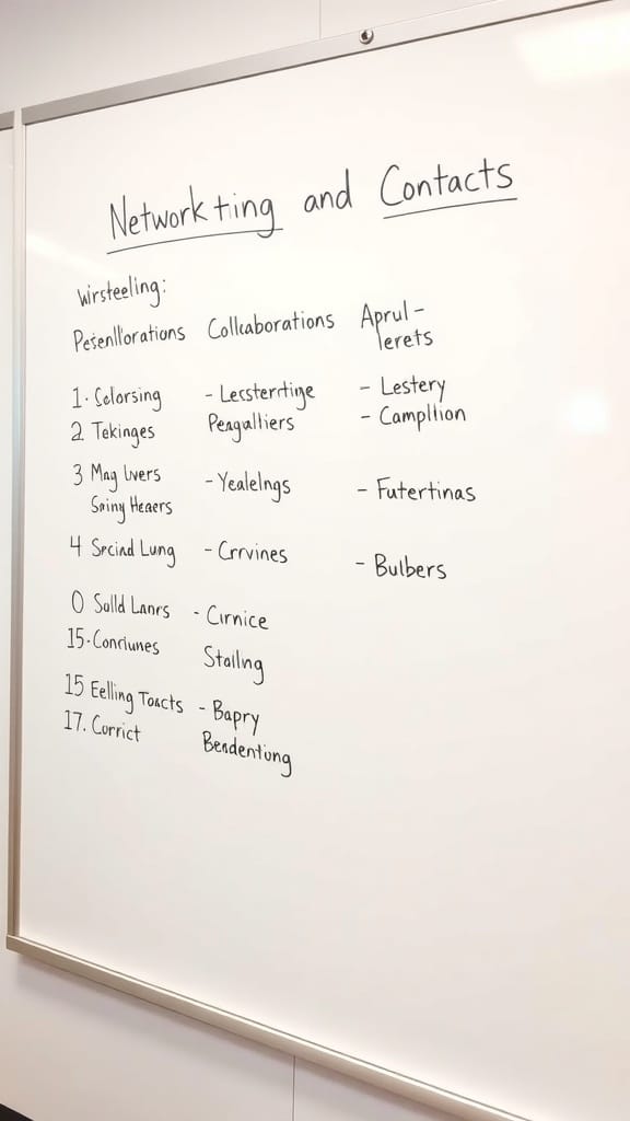 A whiteboard displaying a networking and contacts board with various categories and names.
