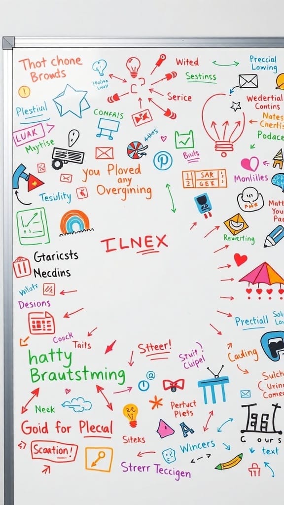 A colorful whiteboard filled with doodles, notes, and arrows connecting various ideas.