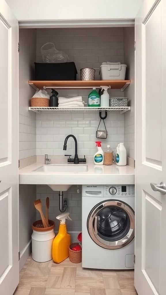 25 Creative Laundry Room Organizing Ideas to Maximize Space 18 Organized laundry room with under-sink storage and cleaning supplies.