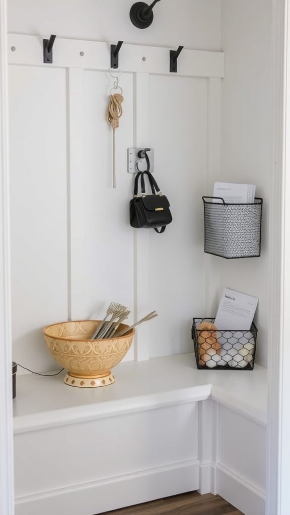 A mudroom drop zone featuring hooks for keys, a small bag, and baskets for mail, along with a decorative bowl.