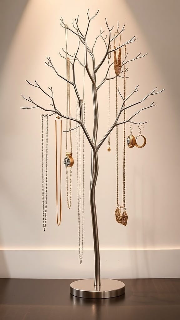 A modern jewelry tree stand with various necklaces and earrings hanging from its branches.