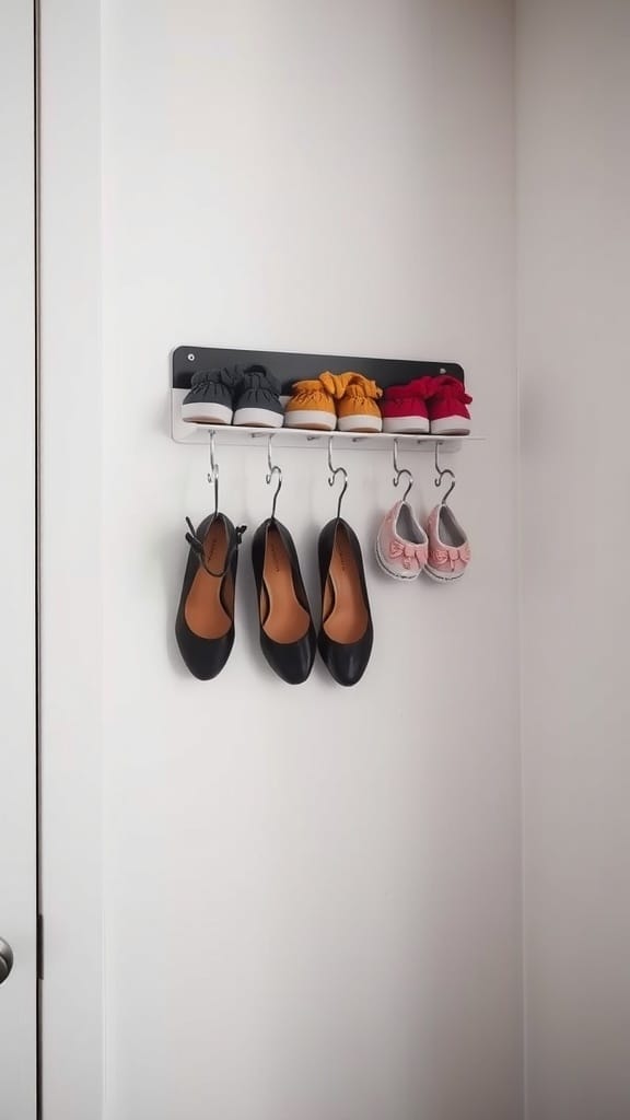 A wall-mounted shoe hanger displaying various types of shoes.