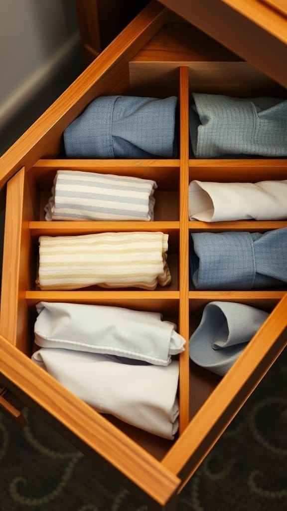 A wooden drawer with neatly folded shirts organized using dividers.