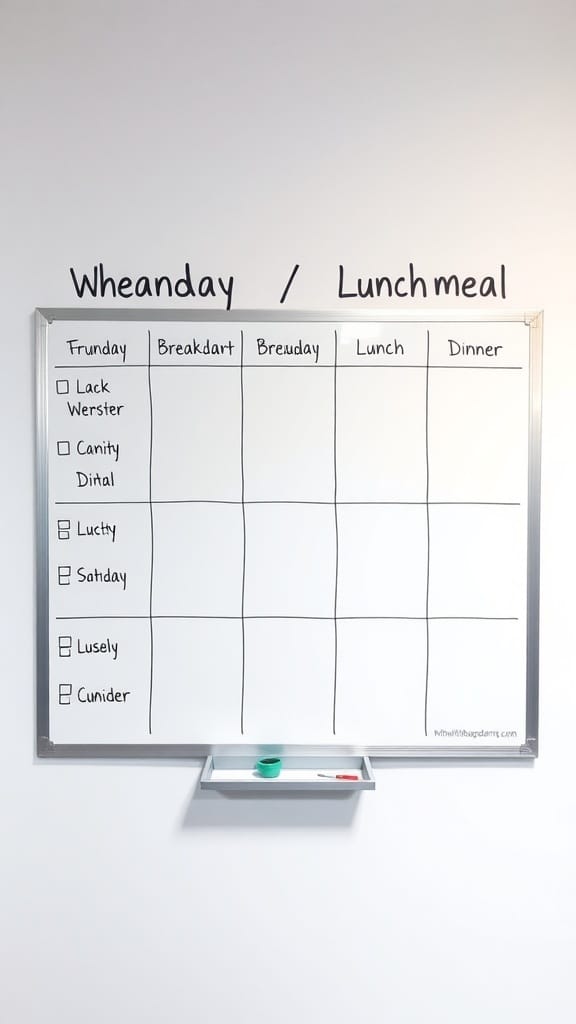 A whiteboard meal planner with sections for each day of the week and meals.