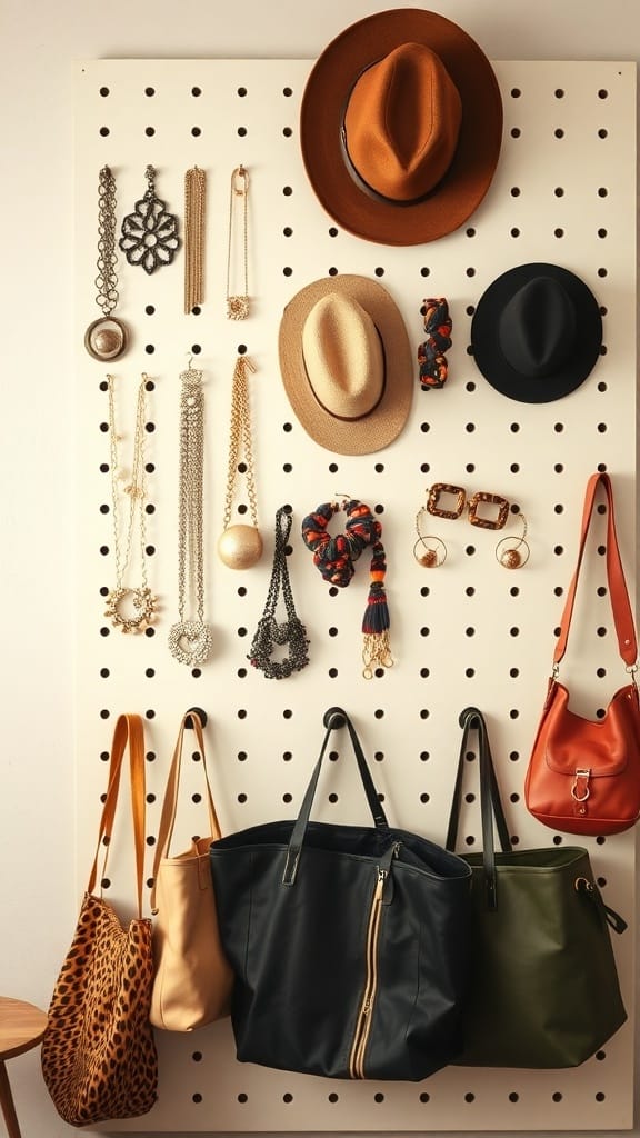 A pegboard displaying various accessories including hats, necklaces, and bags.