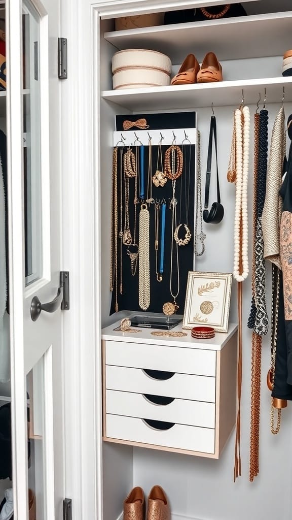 22 Genius Closet Organization Hacks You Need to Try 19 A well-organized jewelry station featuring hanging necklaces, a drawer for smaller items, and decorative elements.