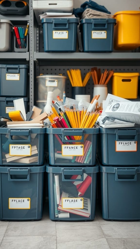 Organized office supply storage with labeled bins on shelves