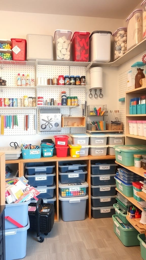 Organized craft supply area with labeled bins and pegboard for tools.