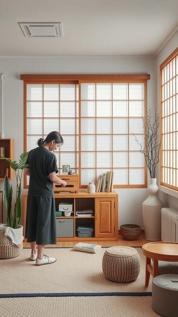 22 Creative Japanese Home Organization Ideas for a Clutter-Free Space 16 A person organizing a minimalist Japanese-style room with wooden furniture and natural light.