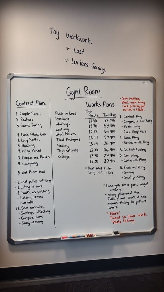 A dry-erase board in a gym room displaying workout plans and schedules.