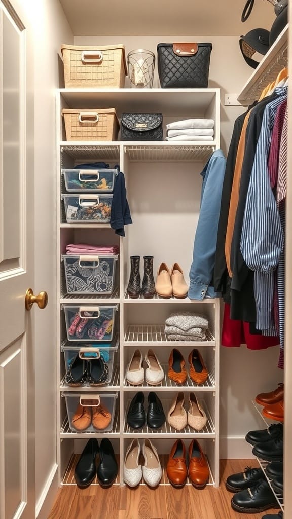 A neatly organized closet with shelves, baskets, and a variety of shoes arranged for maximum space efficiency.