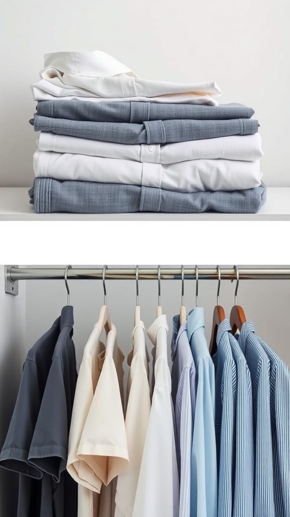 A comparison of folded shirts stacked neatly and shirts hung on a rack.