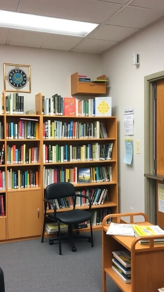 21 Creative Organization Ideas for Your School Office 15 A shared resource library with bookshelves filled with books and a chair for reading.