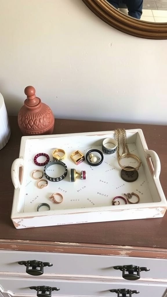 A vintage tray filled with various rings and bracelets, showcasing a stylish jewelry organization idea.